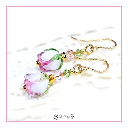 Pièce rare - boucles d'oreilles bouton de rose artisanal en verre lampwork cristal laiton doré or fin crochets gold filled (#bo705)