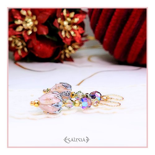 Piéce rare - boucles d'oreilles bouton de fleur artisanal en verre lampwork cristal laiton doré or fin crochets gold filled (#bo706)