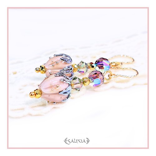 Piéce rare - boucles d'oreilles bouton de fleur artisanal en verre lampwork cristal laiton doré or fin crochets gold filled (#bo706)