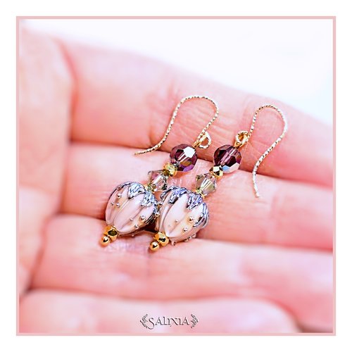 Piéce rare - boucles d'oreilles bouton de fleur artisanal en verre lampwork cristal laiton doré or fin crochets gold filled (#bo706)