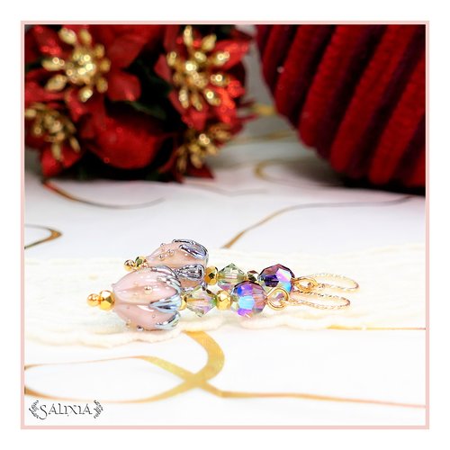 Boucles d'oreilles bouton de fleur artisanal en verre lampwork cristal laiton doré or fin crochets gold filled (#bo706)