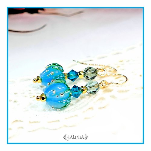 Pièce rare - boucles d'oreilles bouton de fleur artisanal en verre lampwork cristal laiton doré or fin crochets gold filled (#bo707)