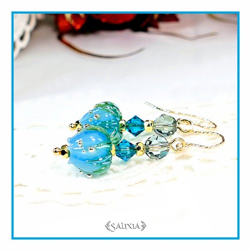 Pièce rare - boucles d'oreilles bouton de fleur artisanal en verre lampwork cristal laiton doré or fin crochets gold filled (#bo707)