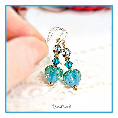 Pièce rare - boucles d'oreilles bouton de fleur artisanal en verre lampwork cristal laiton doré or fin crochets gold filled (#bo707)