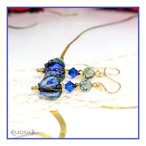 Piéce rare - boucles d'oreilles bouton de fleur artisanal en verre lampwork cristal laiton doré or fin crochets gold filled (#bo708)