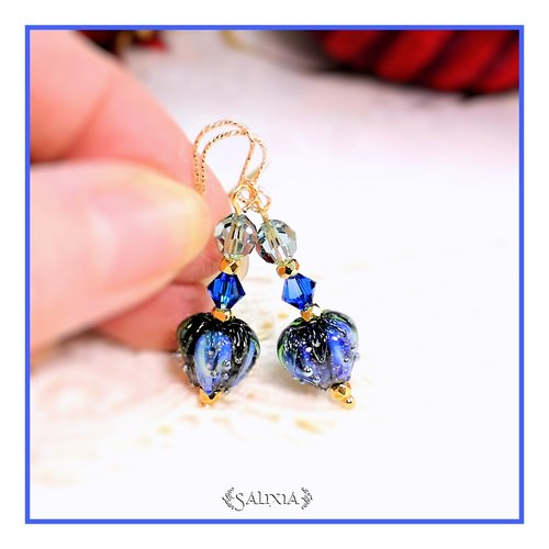 Piéce rare - boucles d'oreilles bouton de fleur artisanal en verre lampwork cristal laiton doré or fin crochets gold filled (#bo708)