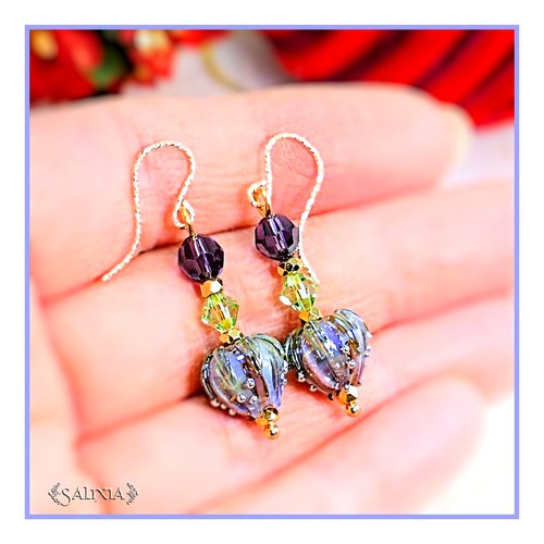 Piéce rare - boucles d'oreilles bouton de fleur artisanal en verre lampwork cristal laiton doré or fin crochets gold filled (#bo709.a)