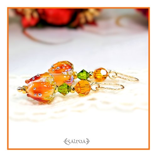 Pièce rare - boucles d'oreilles bouton de fleur artisanal verre lampwork cristal laiton doré or fin crochets gold filled (#bo710)