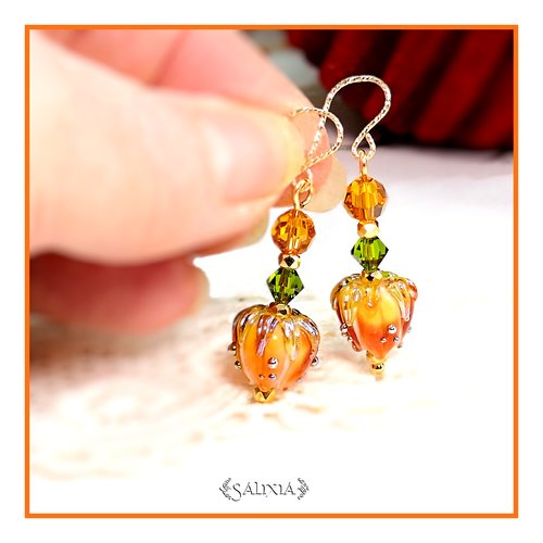 Pièce rare - boucles d'oreilles bouton de fleur artisanal verre lampwork cristal laiton doré or fin crochets gold filled (#bo710)