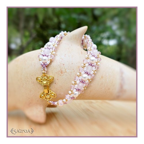 Bracelet "carolina rose" tissé à l'aiguille cristal et quartz rose perles blanc nacré (#bc230 p212)
