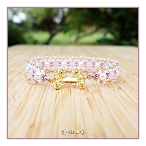 Bracelet "carolina rose" tissé à l'aiguille cristal et quartz rose perles blanc nacré (#bc230 p212)