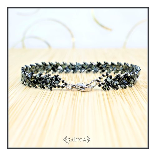 Bracelet tissé perles tila 2 rangs chevrons noirs fermoir mousqueton acier inoxydable (#bc250)