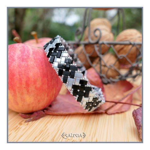 Bracelet tissé perles tila 4 rangs noir, noir mat et gris fumée fermoir mousqueton acier inoxydable (#bc254)