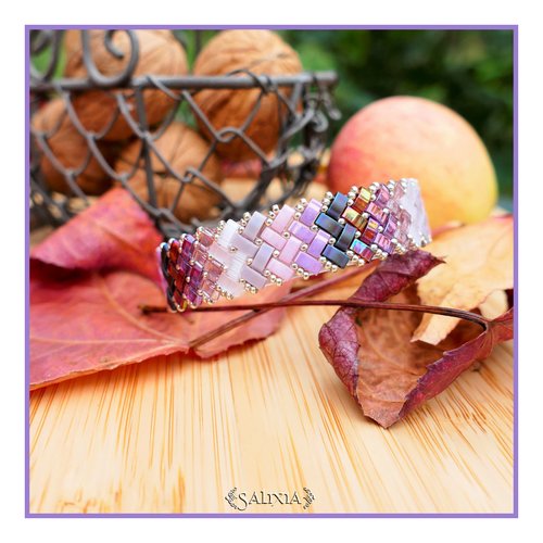 Bracelet tissé perles tila 4 rangs en dégradé du rose au prune métallisé fermoir mousqueton acier inoxydable (#bc256)
