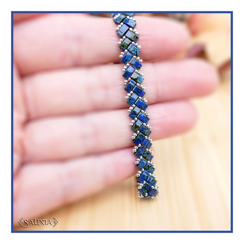 Bracelet tissé perles tila 2 rangs chevrons bleu marbré mousqueton acier inoxydable (#bc261.a)