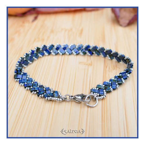 Bracelet tissé perles tila 2 rangs chevrons bleu marbré mousqueton acier inoxydable (#bc261.a)