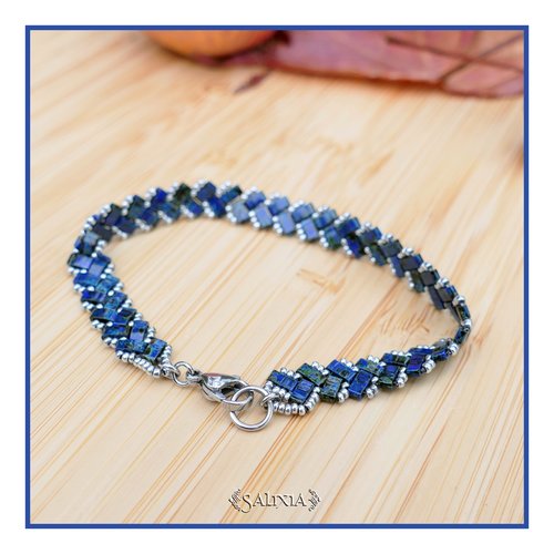 Bracelet tissé perles tila 2 rangs chevrons bleu picasso mousqueton acier inoxydable (#bc261.a)