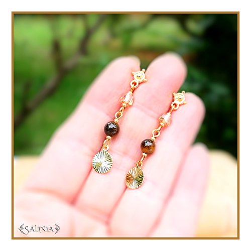 Boucles d'oreilles "sonja" pierres fines oeil de tigre breloques plaqué or au choix puces doré or fin ou crochets (#bo639 p202)