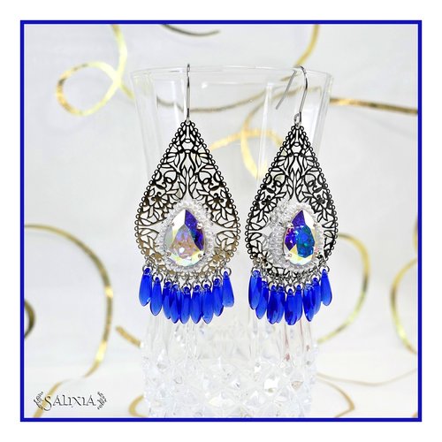 Boucles d'oreilles gouttes filigrane plaqué argent style art nouveau, cristal aurore boréale, dagues verre de bohème bleu cobalt (#bo697)