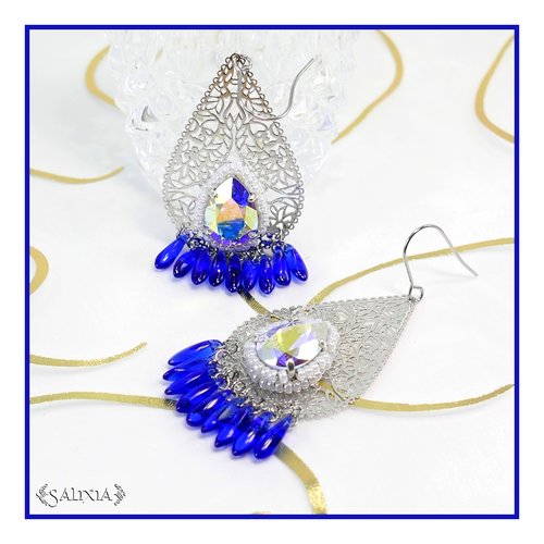 Boucles d'oreilles gouttes filigrane plaqué argent style art nouveau, cristal aurore boréale, dagues verre de bohème bleu cobalt (#bo697)