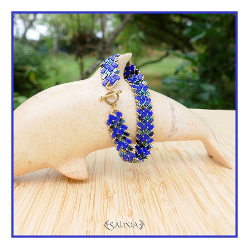 Bracelet tissé perles tila 4 rangs bleu cobalt toggle ou mousqueton au choix (#bc269)