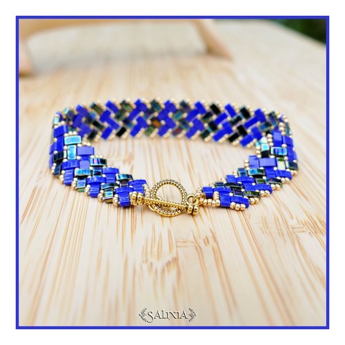 Bracelet tissé perles tila 4 rangs bleu cobalt toggle ou mousqueton au choix (#bc269)