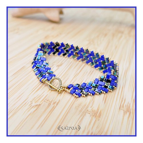 Bracelet tissé perles tila 4 rangs bleu cobalt toggle ou mousqueton au choix (#bc269)