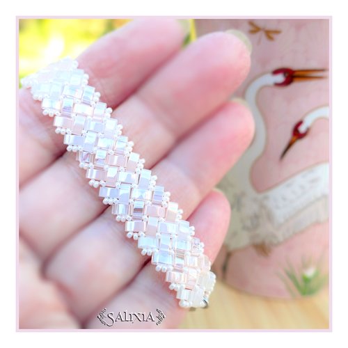 Vendu - bracelet tissé perles tila 4 rangs chevrons rose opale, ivoire nacré, fermoir mousqueton acier inoxydable (#bc264)