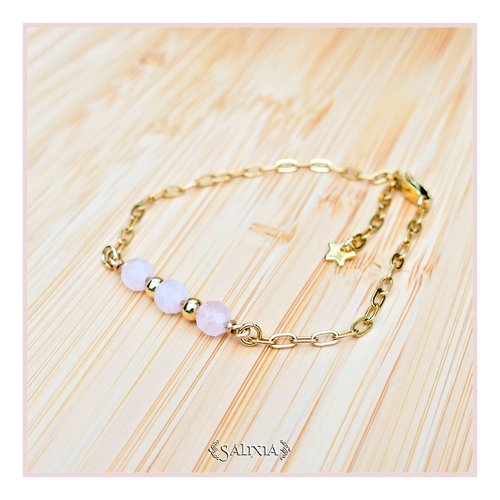 Bracelet sakura perles en pierres fines de quartz rose facettées acier inoxydable doré (#bc229 p211)