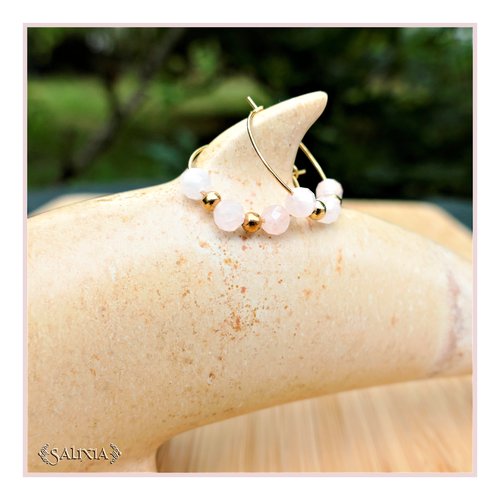 Boucles d'oreilles sakura perles en pierres fines de quartz rose facettées créoles acier inoxydable doré (#bo665 p211)