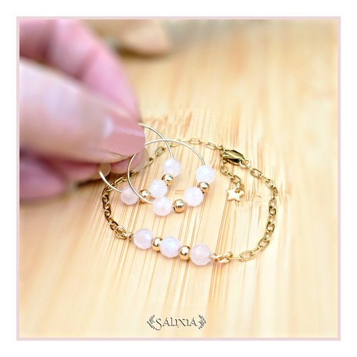 Boucles d'oreilles sakura perles en pierres fines de quartz rose facettées créoles acier inoxydable doré (#bo665 p211)