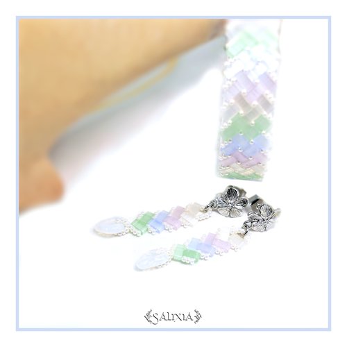 Boucles d'oreilles tissées "aya" perles tila feuilles opale puces fleurs laiton rhodié (#bo704 p224)