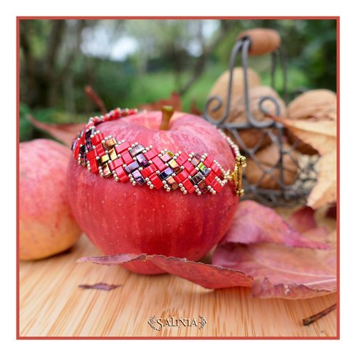 Bracelet tissé perles tila 4 rangs rouge toggle ou mousqueton au choix (#bc267)