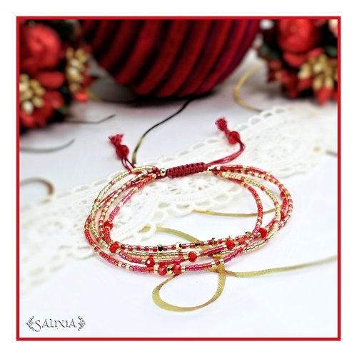 Bracelet 4 rangs lorenza perles plaquées or 24 carats, rocailles rouge et dorées, fermoir lien coulissant macramé (#bc279)