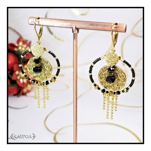 Boucles d'oreilles lorenza perles noires et dorées créoles et dormeuses acier inoxydable doré crochets en option (#bo712)