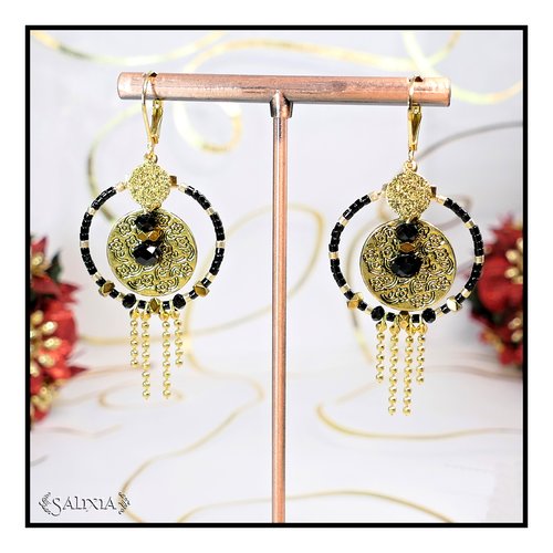 Boucles d'oreilles lorenza perles noires et dorées créoles et dormeuses acier inoxydable doré crochets en option (#bo712)