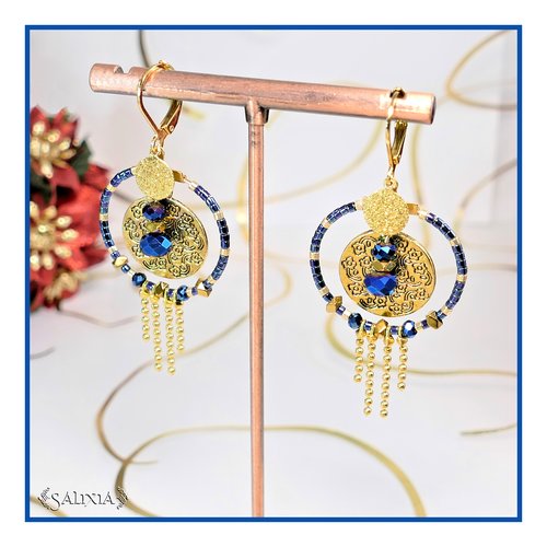Boucles d'oreilles lorenza perles bleu royal et dorées, créoles et dormeuses acier inoxydable doré crochets en option (#bo713)