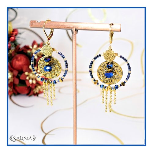 Boucles d'oreilles lorenza perles bleu royal et dorées, créoles et dormeuses acier inoxydable doré crochets en option (#bo713)