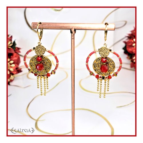 Boucles d'oreilles lorenza perles rouges brillantes et dorées, créoles et dormeuses acier inoxydable doré crochets en option (#bo714)