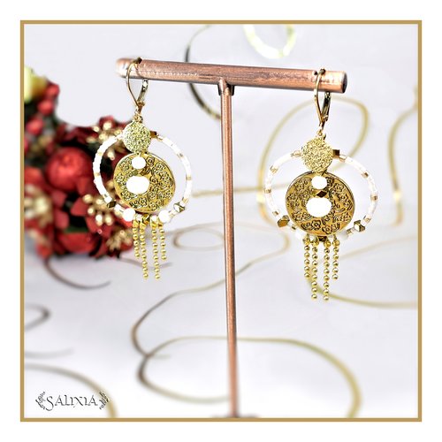 Boucles d'oreilles lorenza perles blanches et dorées, créoles et dormeuses acier inoxydable doré crochets en option (#bo715)