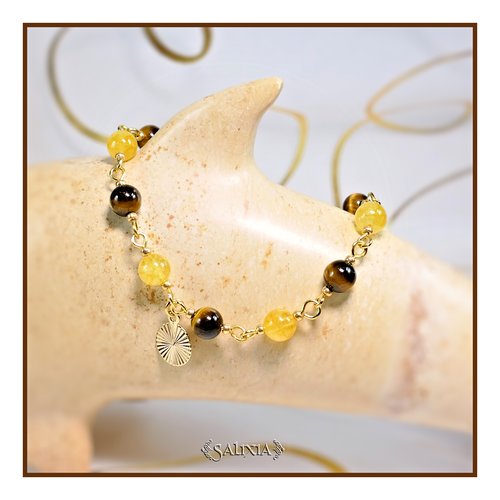 Vendu - bracelet sonja pierres fines oeil de tigre et citrine laiton plaqué or acier inoxydable doré (#bc214 p202)