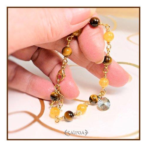 Vendu - bracelet sonja pierres fines oeil de tigre et citrine laiton plaqué or acier inoxydable doré (#bc214 p202)