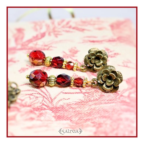 Boucles d'oreilles scarlett perles de bohème rubis polies au feu puces fleurs ou crochets au choix (#bo717 p226)