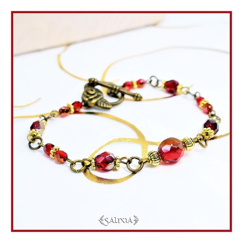 Bracelet scarlett perles de bohème rubis polies au feu toggle rose bronze (#bc283 p226)