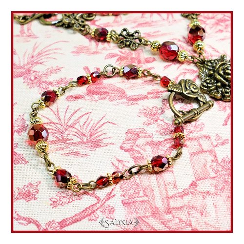 Bracelet scarlett perles de bohème rubis polies au feu toggle rose bronze (#bc283 p226)