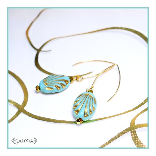 Boucles d'oreilles style art déco perles de bohème turquoise patine antique dorée crochets acier inoxydable doré (#bo687)