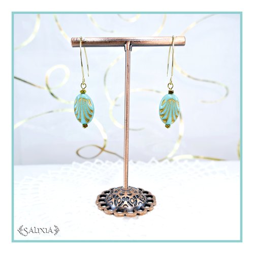 Boucles d'oreilles style art déco perles de bohème turquoise patine antique dorée crochets acier inoxydable doré (#bo687)