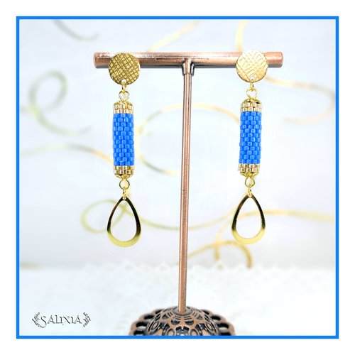 Boucles d'oreilles bleues perles tubes tissées à l'aiguille puces dormeuses ou crochets acier inoxydable doré au choix (#bo698)
