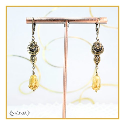 Pièce rare - boucles d'oreilles florales art nouveau perles de bohème fleurs laiton doré antique très haute qualité (#bo718)