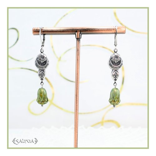 Pièce rare - boucles d'oreilles florales art nouveau perles de bohème fleurs laiton plaqué argent très haute qualité (#bo719)